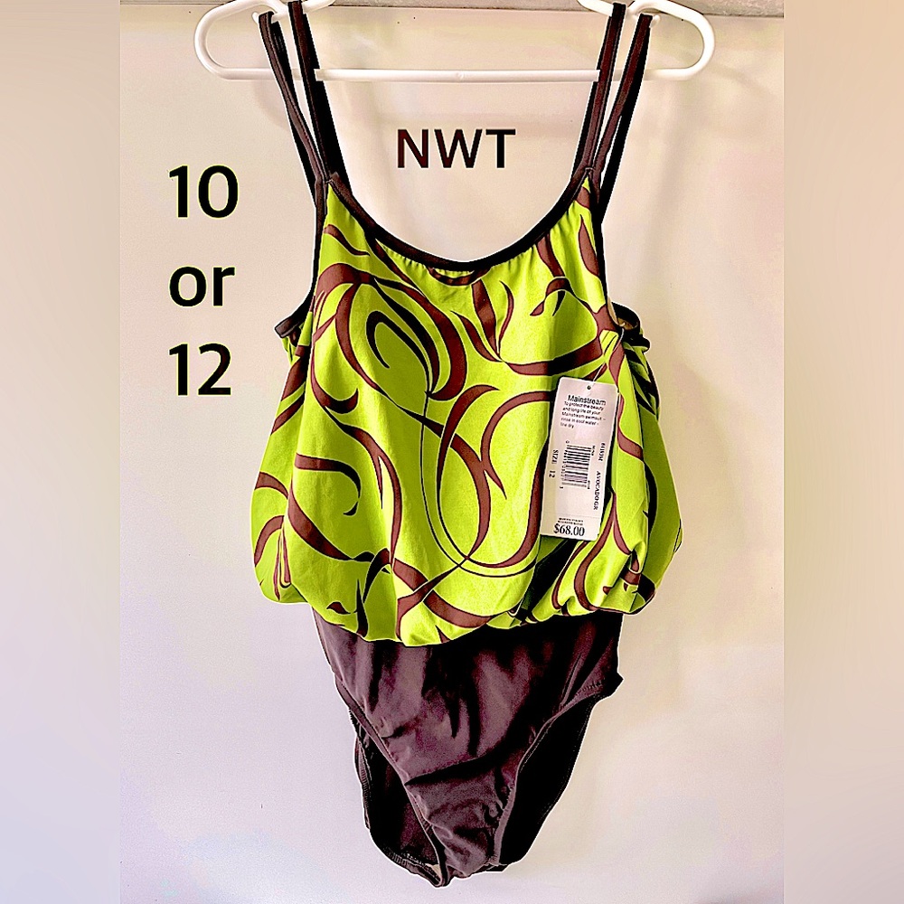 NWT Avocado lime green w chocolate brown one piece swimsuit MAINSTREAM 10 or 12